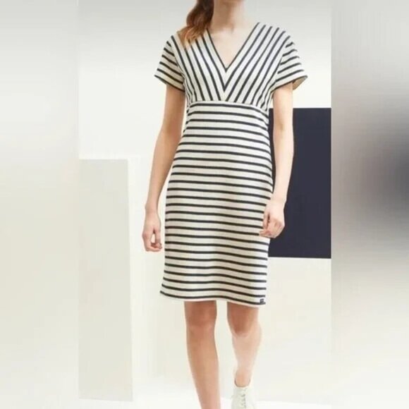 Saint James Menerbes Breton Striped Short Sleeve V-Neck Nautical Coastal Dress - Picture 1 of 14